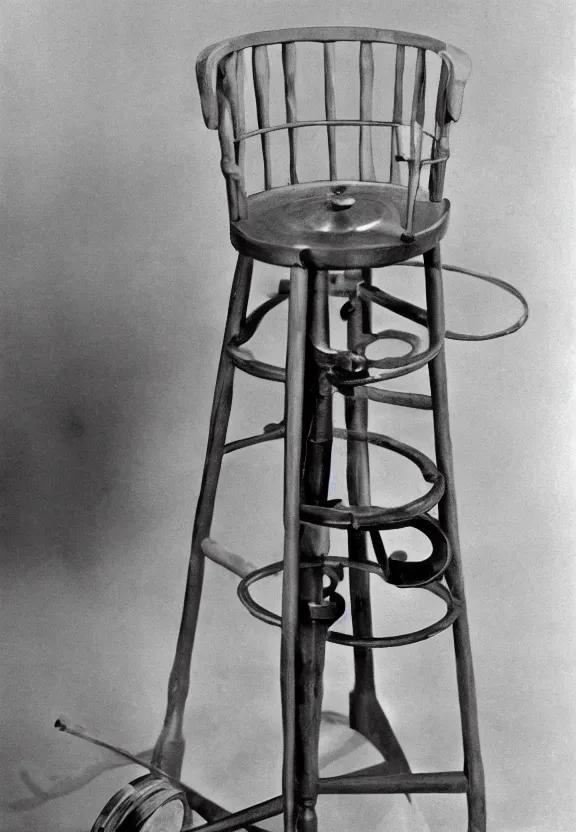 Image similar to a spinning wheel sitting on top of a stool, a surrealist sculpture by marcel duchamp, archival pigment print, 1 9 1 4, conceptual art, artwork, academic art, surrealist