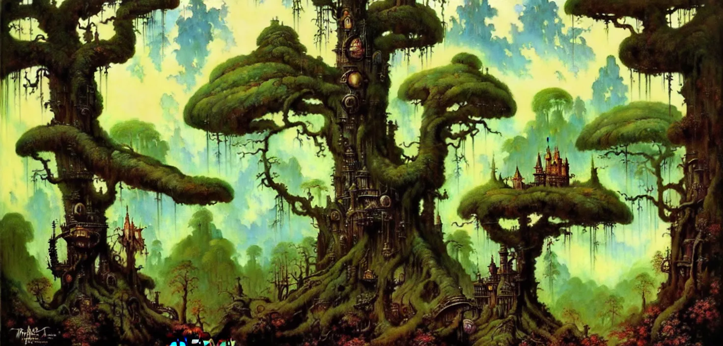 Image similar to exquisite imaginative fantasy landscape lush forests, moody sky, gnarly trees, with steampunk castles movie poster by : : norman rockwell, sargent, james gurney weta studio, trending on artstation james jean frank frazetta