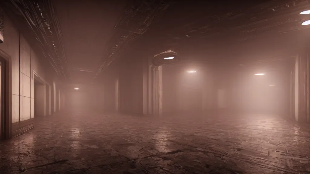 Image similar to a long angle shot of a big dark room with white lights on the celling and a long hallway at the end of the room with red lights on the celling, highly detailed, unreal engine, 4 k, dark, moody, foggy, game render, hyper realistic