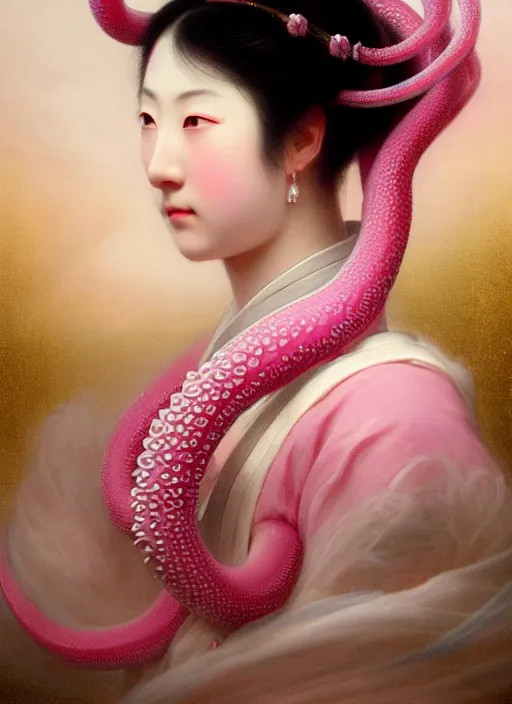 Image similar to stunning japanese godess princess, detailed pink and white of tentacles head peace against a black backdrop by ivan aivazovsky, 3 / 4 view portrait, wlop, super sharp details, photorealism, canon 5 d, 5 0 mm lens, stunning photoshot, beautiful soft lighting, muted colours, artstation