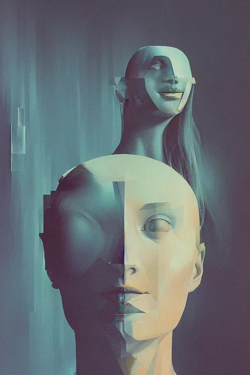 Image similar to woman wearing oculus and digital glitch head edward hopper and james gilleard, zdzislaw beksisnski, higly detailed