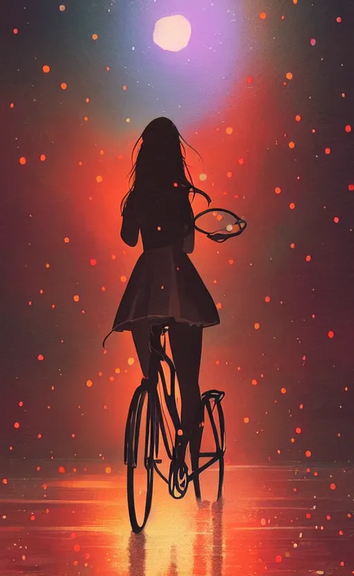 Prompt: a beautiful illustration of a woman riding a bicycle in a rainy night, fiery particles, anime aesthetic, midnight theme, depth of field, bokeh, composition study, featured on artstation, by ilya kuvshinov, vertical orientation