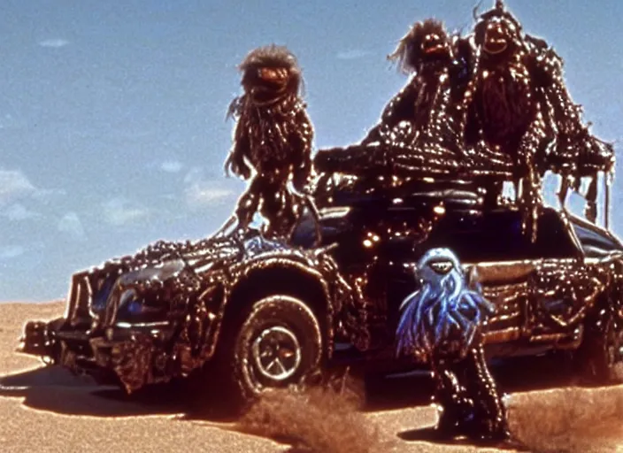 Image similar to scene from the 1 9 8 5 science fiction film muppet mad max beyond thunderdome