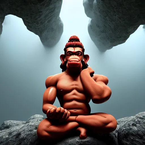 Prompt: photo realistic Hanuman meditating in caves of magical world, foggy ,muscular body,glowing effect, clean clear face,artstation, devianart, hyperreal, hyperdetailed, 8k,hd