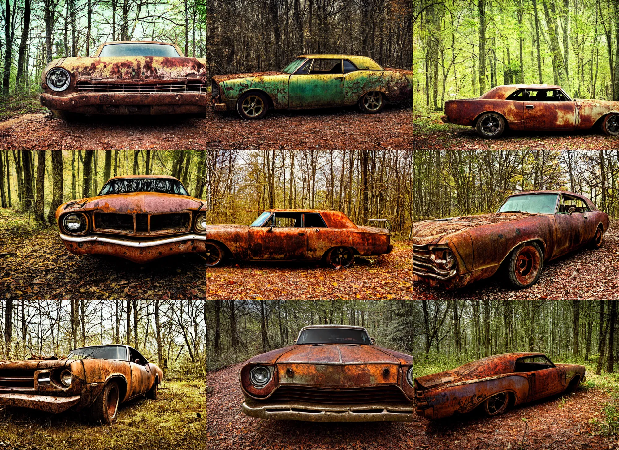 Prompt: photograph ( ( rusted ) ) muscle car in the woods