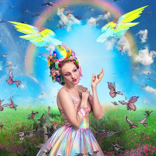 Prompt: fairy tale, birds, flowers, alice in wonderland style, old house, bunnies, doves, sun, clock, psychedelic, rainbow, embroidery, beautiful dress, sky wings, Ukrainian flag, 8k, 3d, intricate details, fine details, extra details, photorealistic, cinematic, high resolution, abstract