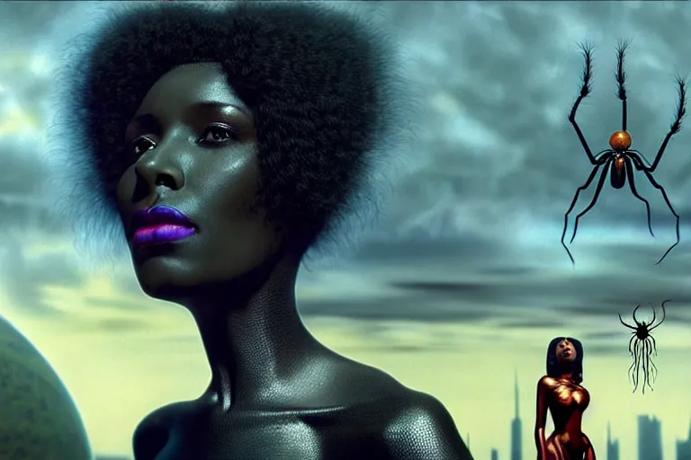 Prompt: realistic detailed photorealistic portrait movie shot of a beautiful black woman with a giant spider, sci fi city landscape background by denis villeneuve, amano, yves tanguy, alphonse mucha, ernst haeckel, david lynch, edward robert hughes, roger dean, cyber necklace, rich moody colours, wide angle