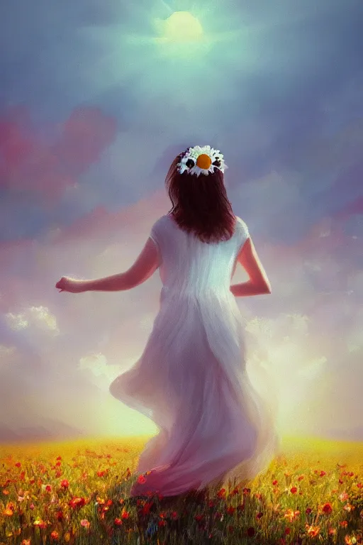 Image similar to white daisy flower face, girl with veil walking in a flower field, surreal photography, sunrise, dramatic light, impressionist painting, colorful clouds, digital painting, artstation, simon stalenhag