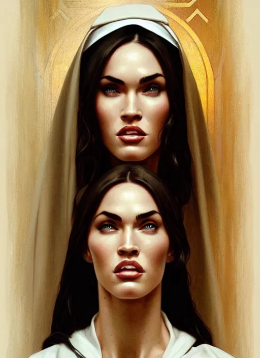 Image similar to portrait of megan fox as a sultry nun, catholic, church, bible, christian, intricate, headshot, highly detailed, digital painting, artstation, concept art, sharp focus, cinematic lighting, illustration, art by artgerm and greg rutkowski, alphonse mucha, cgsociety