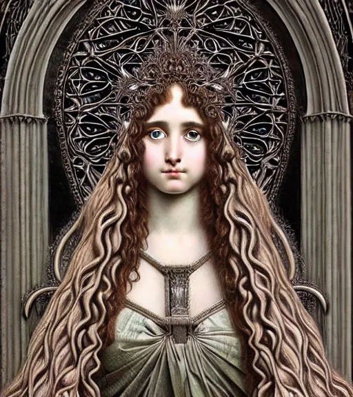 Prompt: hyperrealistic detailed portrait of a beautiful long haired young goddess morphing into a gothic cathedral, authentic ornamental architecture, art by ernst haeckel, john william godward, android jones, h. r. giger, gothic, neo - gothic, heavily ornamental,