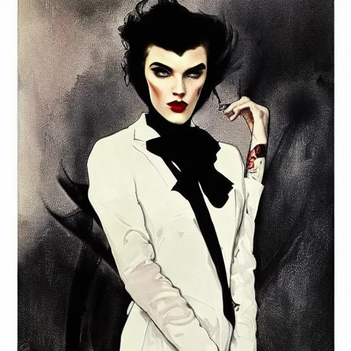 Image similar to beautiful portrait of androgynous ruby rose as desire from sandman in a white tuxedo!!!, rockabilly style,, by alphonse mucha, by jeremy mann, by peter lindbergh, cedric peyravernay, by frank moth, white suit and black tie, soft lightning, high detailed, 8 k