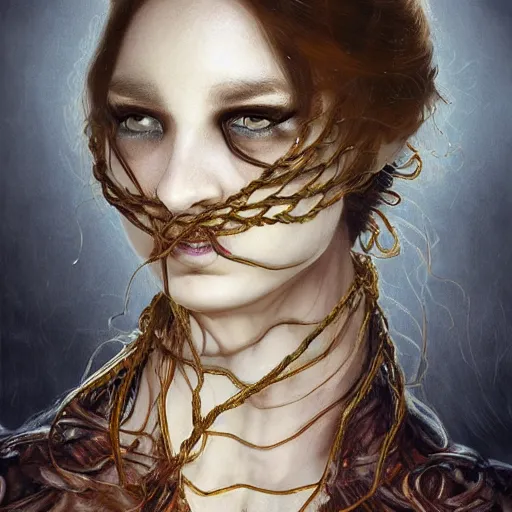 Image similar to portrait of a Shibari rope wrapped face and neck, headshot, insanely nice professional hair style, dramatic hair color, digital painting, of a old 13th century, traveler, amber jewels, baroque, ornate clothing, scifi, realistic, hyperdetailed, chiaroscuro, concept art, art by Franz Hals and Jon Foster and Ayami Kojima and Amano and Karol Bak,