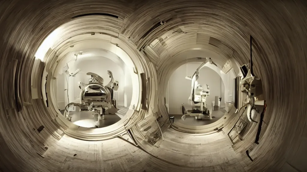 Image similar to an mri image open mri exposed uncovered machine portal in the living room, film still from the movie directed by denis villeneuve with art direction by salvador dali, wide lens