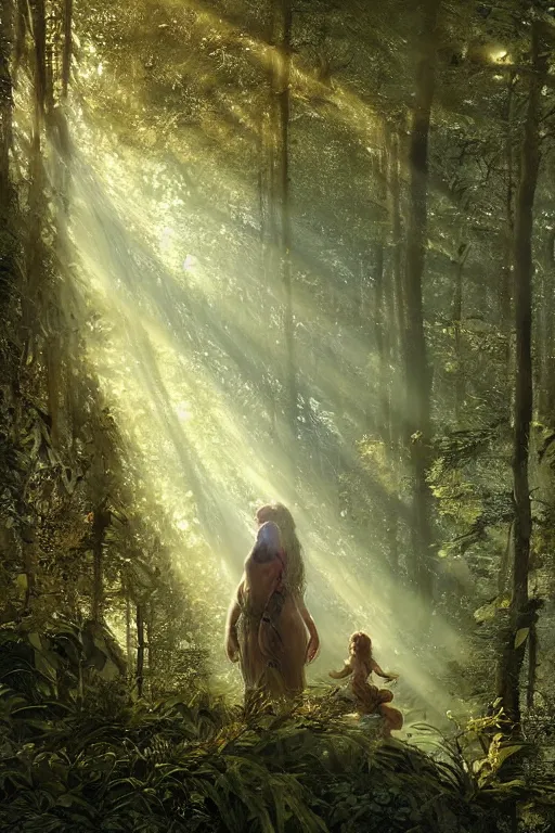 Image similar to mean fluffy teddybear protecting girl in a forest with rays of light coming through the canopy, masterpiece, dystopian, sci-fi, extremely detailed, digital painting, sculpted in zbrush, artstation, concept art, smooth, sharp focus, illustration, chiaroscuro lighting, golden ratio, incredible art, artgerm, greg rutkowski, alphonse mucha, simon stalenhag, carravaggio