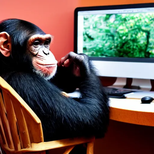 Prompt: a chimpanzee smiles with headphones on his head sits on a chair and looks at the computer holding the mouse, fujifilm