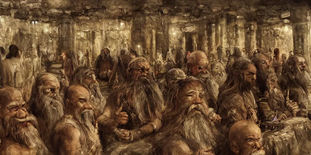 Image similar to sumerian underground city ancient dwarves, drawn by viktor vasnetsov, beautiful faces, symmetrical faces dwarven dungeons, cities of mesopotamia, moriya, oil painting, harsh fairy tale, soft style, hyperrealism, beautiful, high resolution, trending on artstation,