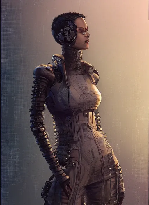 Prompt: beautiful female neuromancer, techwear, punk outfit : : urban setting, nighttime, close - up view : : character design by gerald brom and enki bilal, and james jean, cinematic : : ultra - detailed technical precision : : high definition 3 d render, unreal engine, hires textures, trending on artstation, 4 k