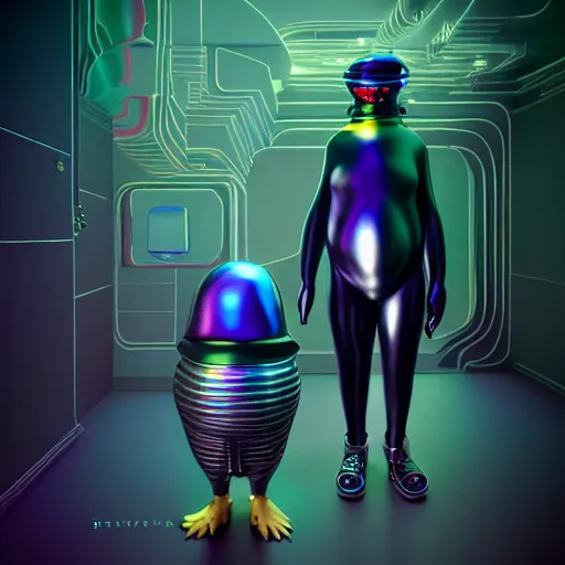 Prompt: Colour aesthetic Caravaggio style full body Photography of Highly detailed beautiful cybertronic penguin wearing highly detailed retrofuturistic sci-fi Neural interface designed by Hiromasa Ogura . In style of Josan Gonzalez and Mike Winkelmann and andgreg rutkowski and alphonse muchaand and Caspar David Friedrich and Stephen Hickman and James Gurney and Hiromasa Ogura. Rendered in Blender and Octane Render volumetric natural light