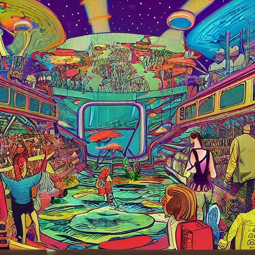 Prompt: of artwork set in the year 2 0 5 0 that depicts a scene of people immersed in a virtual reality experience. the environment is realistic and believable, with people interacting with it in a natural way. the haptic feedback and other forms of sensory input make the experience even more realistic. the artwork is in the style of robert crumb.