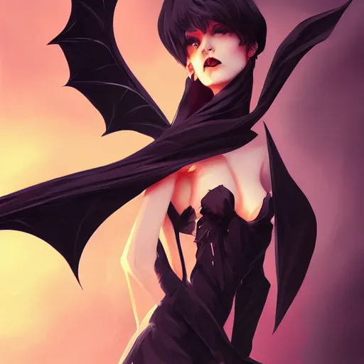 Prompt: demonic satanic woman with black bat wings, elegant, highly detailed, digital painting, artstation, concept art, sharp focus, illustration, strong brush stroke, anime, sharp focus, ghibli studio, art by ilya kuvshinov, rossdraws