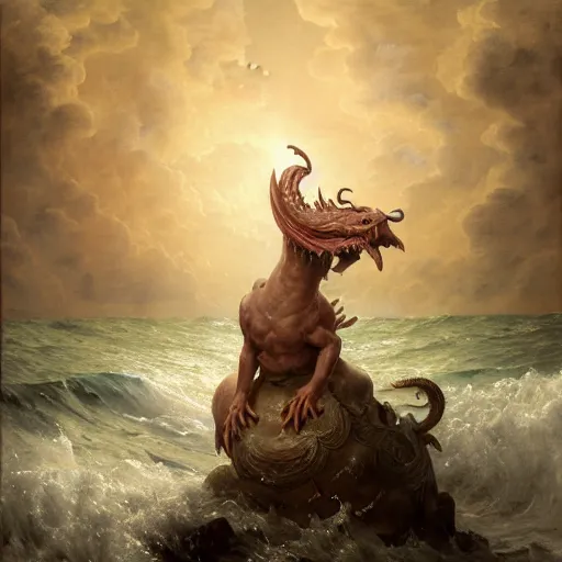 Image similar to A fantasy book style portrait painting of a dragon in a stormy sea, François Boucher, Oil Painting, unreal 5, DAZ, hyperrealistic, octane render, Regal, Refined, Detailed Digital Art, RPG portrait, William-Adolphe Bouguereau, Michael Cheval, Walt Disney (1937), Volumetric Golden dappled dynamic lighting, Highly Detailed, Cinematic Lighting, Unreal Engine, 8k, HD