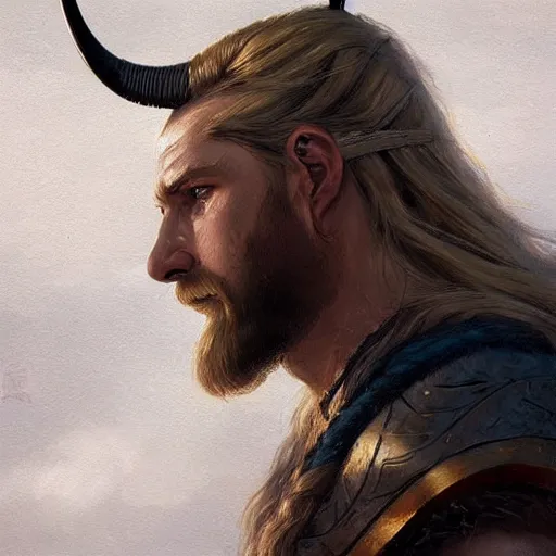 Prompt: a beautiful artwork side profile portrait of a viking warrior with long blonde hair and beard with horns by greg rutkowski , featured on artstation, norse mythology, valhalla