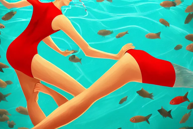 Prompt: fishes swim around woman in red swimsuit, highly detailed, smooth, sharp focus, concept art, illustration, beautiful, geometric, trending on artstation, cinematic, artwork by Swanland, Raymond