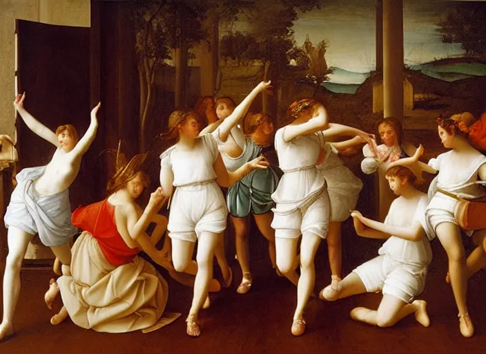 Prompt: realistic museum photography of a painting with a group of girls wearing white shorts, dancing with white pigeons in a wooden room in style raffaello sanzio, italian renaissance painting, detailed