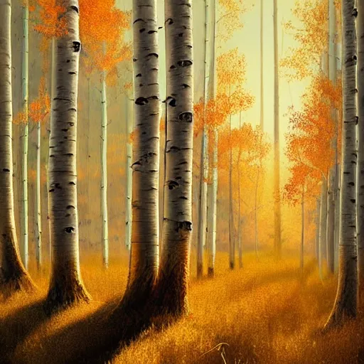 Image similar to beautiful painting of an Aspen forest at sunset, digital art, award winning illustration by greg rutkowski, golden hour, smooth, sharp lines, concept art, trending on artstation