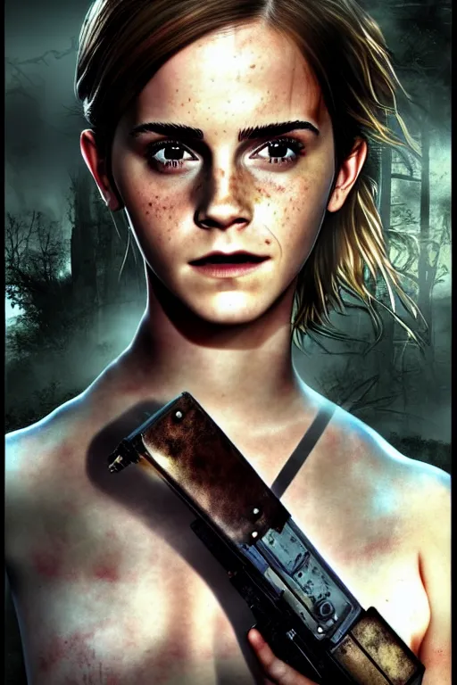 Prompt: emma watson, survival horror, playstation 2 game box keyart