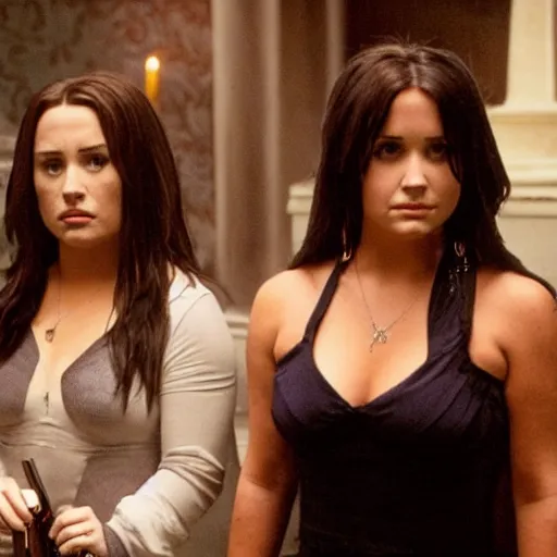 Image similar to Demi Lovato as Piper Halliwell and Selena Gomez as Phoebe Halliwell and Ariana Grande as Prue Halliwell in a Charmed movie directed by Christopher Nolan, movie still frame, promotional image, imax 35 mm footage