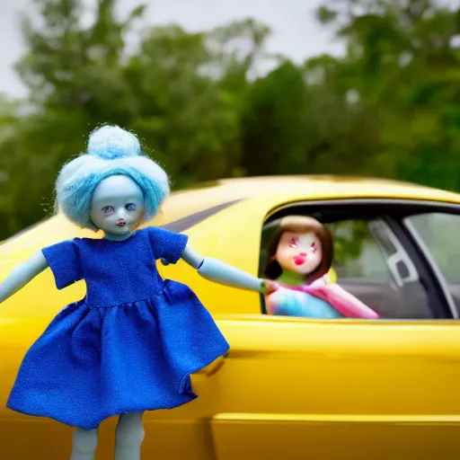 Image similar to blue doll holding yellow car in the hand, on top of her head laying red ball