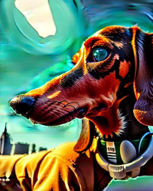 Image similar to hyper - realistic portrait of a dachshund robot, face angle, gta v cover art, celshading, sharp focus, intricate, detailed, rhads, andreas rocha, makoto shinkai, lois van baarle, ilya kuvshinov, greg rutkowski, dynamic lighting, grunge aesthetic, 4 k