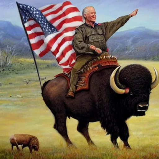 Image similar to Joe Biden riding a buffalo, painting by Jon McNaughton