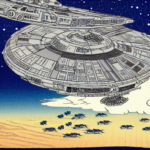 Image similar to millennium falcon attacking new york in the style of ukiyo - e