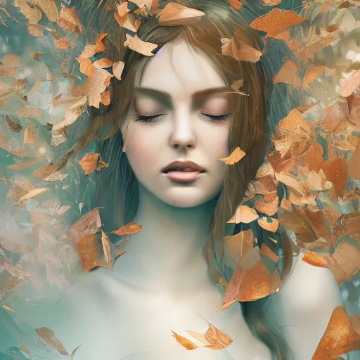 Image similar to a highly detailed digital image of an elegant figure surrounded and engulfed in leaves, matte background, artstation, detailed woman, stunning volumetric lighting, elegant, fantasy, 4k,