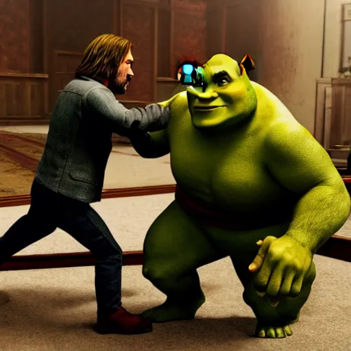 Prompt: keanu reeves fighting muscular shrek, highly detailed, high quality, hd, 4 k, 8 k, canon 3 0 0 mm, professional photographer, 4 0 mp, lifelike, top - rated, award winning, realistic, sharp, no blur, edited, corrected, trending