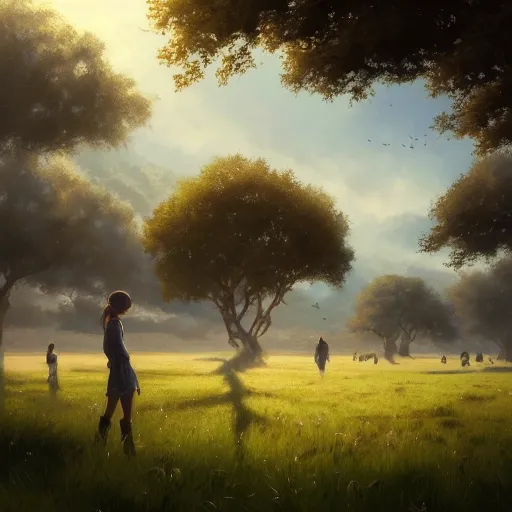 Prompt: flock of swallows in avila, green fields, oaks, spring season, 4 k, midday light, concept art, by wlop, ilya kuvshinov, artgerm, krenz cushart, greg rutkowski, pixiv. cinematic dramatic atmosphere, sharp focus, volumetric lighting, cinematic lighting, studio quality