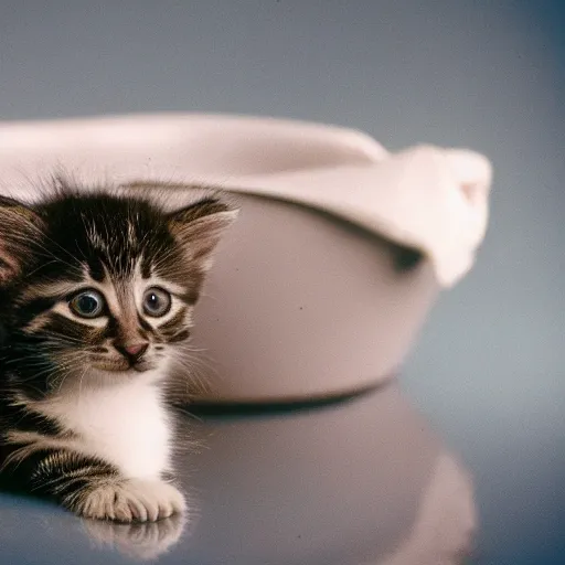 Image similar to 35mm macro shot a kitten bathing with a baby duck, studio lighting