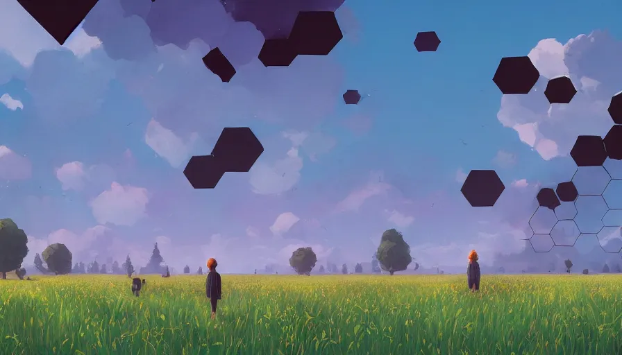 Prompt: black hexagons cover sun, no clouds, field with grass and flowers, big tree, graves, matte painting, art station, blue sky, simon stalenhag