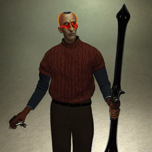 Image similar to Gus Fring with a daedric katana