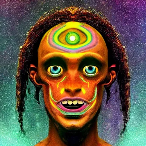 Image similar to three three eyed humanoids, third eye middle of forehead, wide wide shot, hairy bodies, vivid colors, thin wires, beautiful lighting