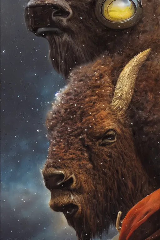 Prompt: bison astronaut, oil on canvas, intricate, portrait, 8 k highly professionally detailed, hdr, cgsociety