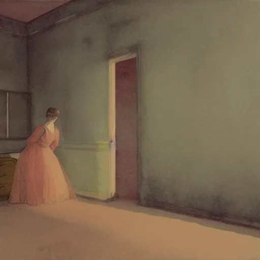 Prompt: close up of a girl in a haunted liminal abandoned room, watercolor by victo ngai, by hammershøi, art noveau, highly detailed, lights by edward hopper, liminal, eerie, bright pastel colors