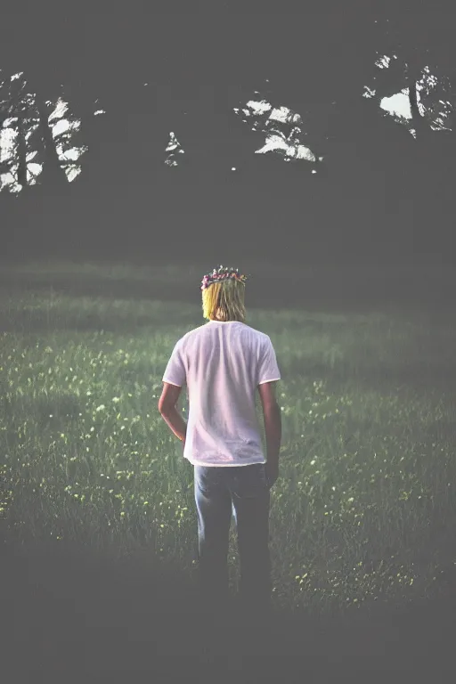 Prompt: agfa vista 4 0 0 photograph of a skinny blonde guy standing in a spotlight in a dark field, flower crown, back view, grain, moody lighting, moody vibe, telephoto, 9 0 s vibe, blurry background, vaporwave colors!, faded!,