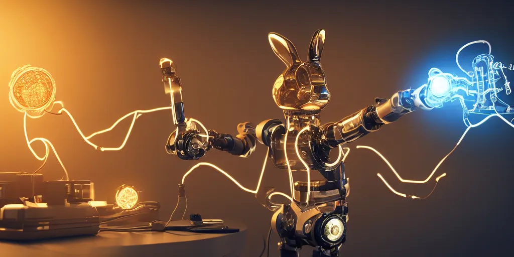 Prompt: Rabbit with robotic arm, with glowing battery on chest, in laboratory, playing doctor demon, lots of wires and glowing screen, dramatic lighting, photorealistic, cinematic lighting, high detail, cinematic feel, high octane, 4K, Unreal Engine, digital render, intricate, ultra realistic