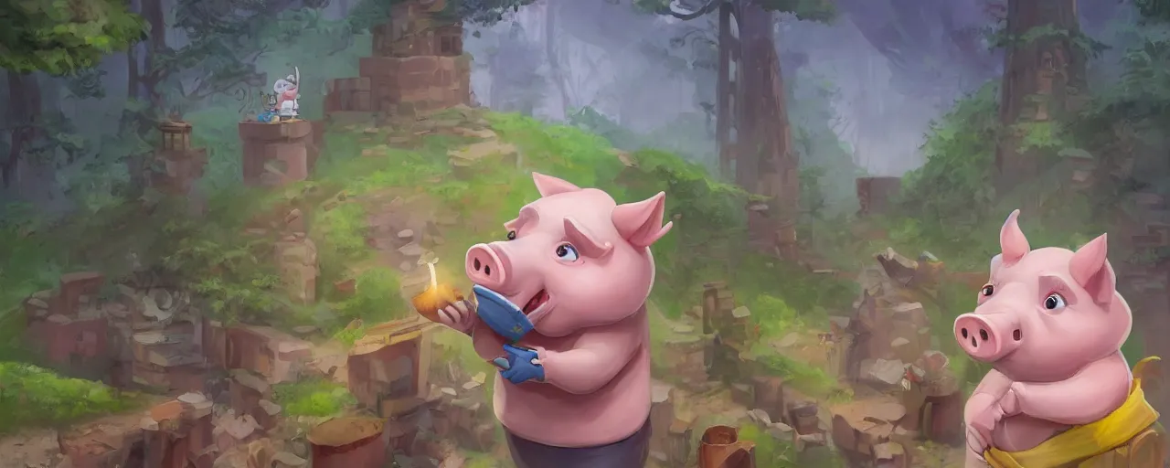 Prompt: a cartoonish cute anthropomorphic pig is mixing cement near a construction site of a brick house in a mystical forest full of wonders, pine trees, magical atmosphere, trending on artstation, 30mm, by Noah Bradley trending on ArtStation, deviantart, high detail, stylized portrait H 1280
