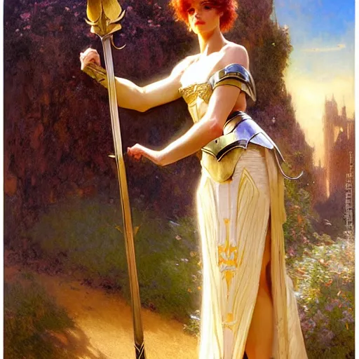 Prompt: attractive female knight pulling excalibur from the stone, natural lighting, path traced, highly detailed, high quality, digital painting, by gaston bussiere, craig mullins, alphonse mucha j. c. leyendecker