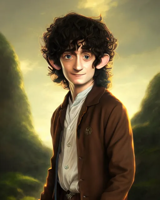 Prompt: portrait Anime joyful Hobbit Frodo Baggins; velvet brown jacket, backpack, Shire background || cute-fine-face, pretty face, realistic shaded Perfect face, fine details. Anime. realistic shaded lighting by Greg Rutkowski