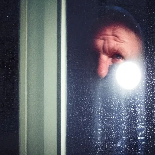 Prompt: photo of dark blue rainy bedroom window at night, dimly lit creepy | screaming face of boris johnson staring in through the window, bloody hands, horror, scary face, demonic face,